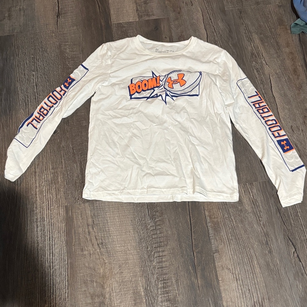 Under Armour Kids White Long Sleeve Tee with Boom Football Graphics